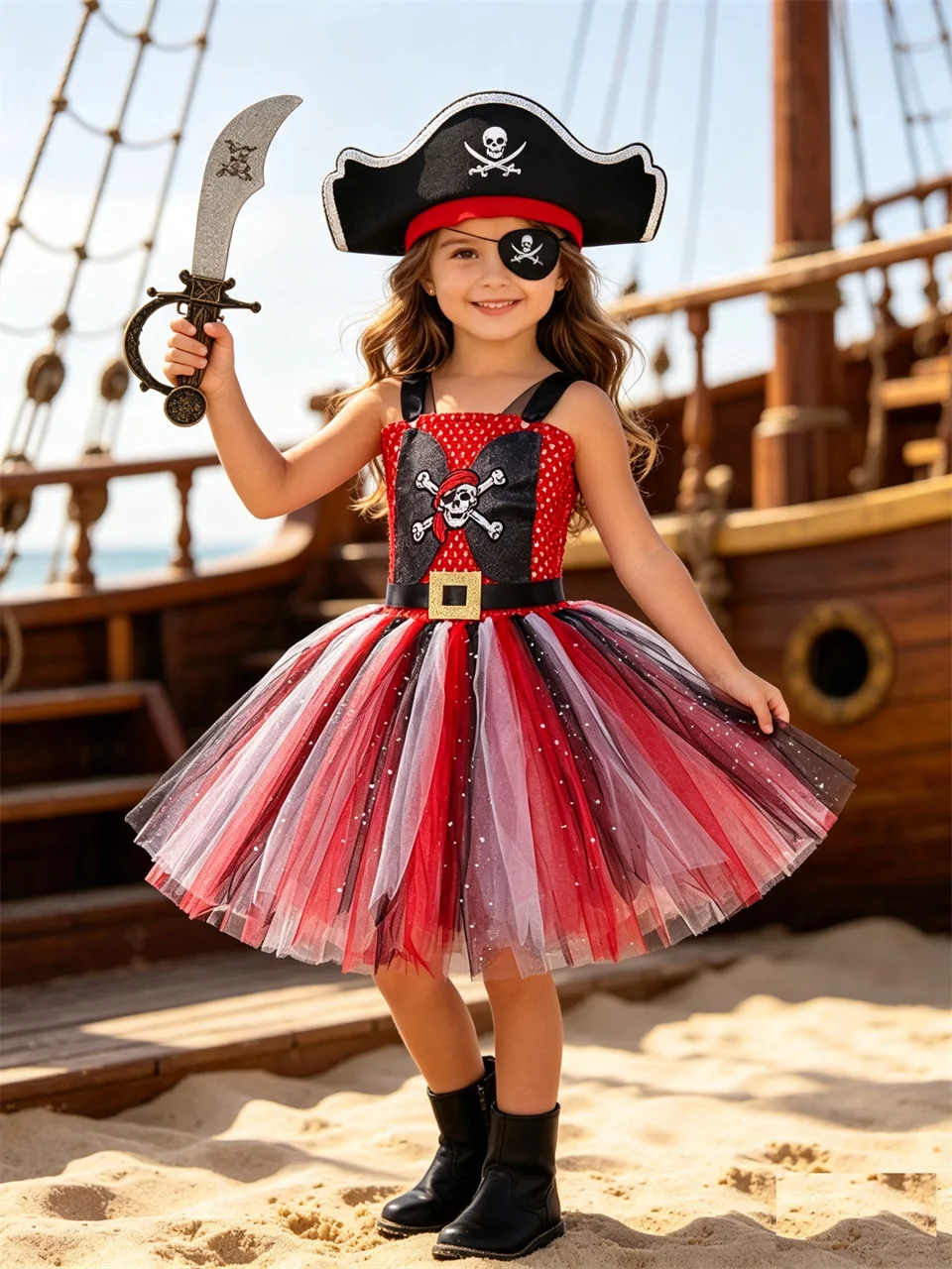 Kids Skull Print  Pirate Tutu Dress for Girls Halloween Cosplay Masquerade Stage Performance Carnival Party Children's Costume