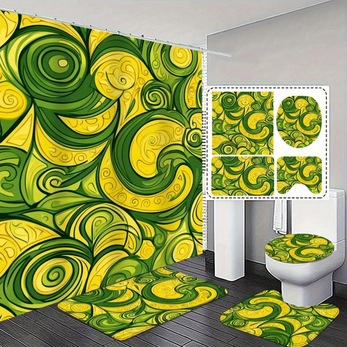 4pcs  Vibrant Swirl Pattern Shower Curtain & Non-Slip Bath Mat Set - Green & Yellow Abstract Design, Polyester, Machine Washa