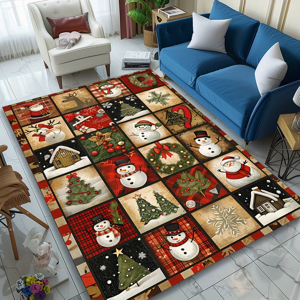 VIKAMA Plaid Xmas Collage Large Rug,Anti‑Slip Indoor Mat,Vintage Snowman Cabin Print Carpet for Bedroom Festival Home Decoration