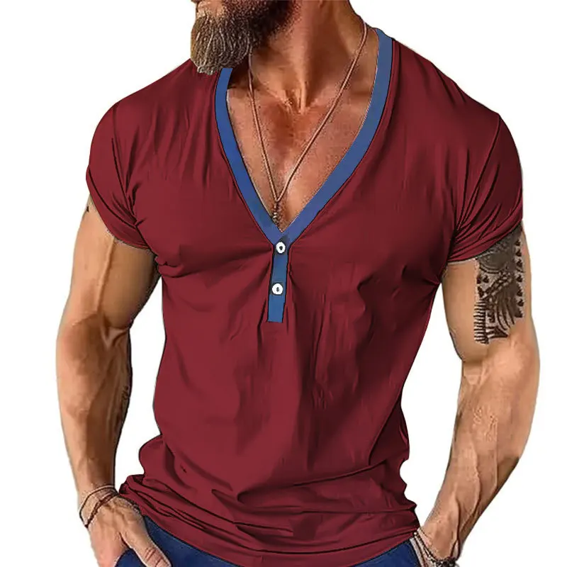 2024 Summer European and American Men's Short-Sleeved Henley Shirt Casual Men's V-Neck T-Shirt Fashion Spliced Top