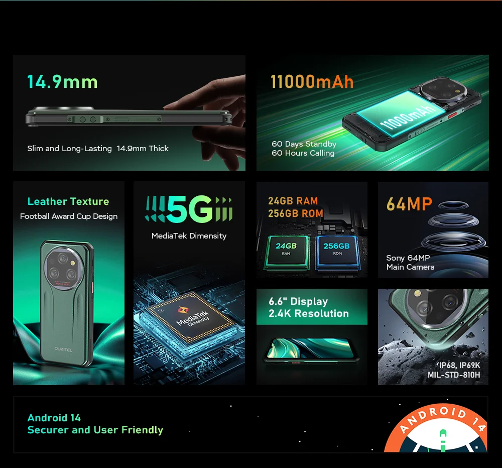 Oukitel WP39 5G Rugged Phone 24GB 256GB 6.6" FHD 64MP 11000mAh Battery, Shockproof Waterproof for Outdoor