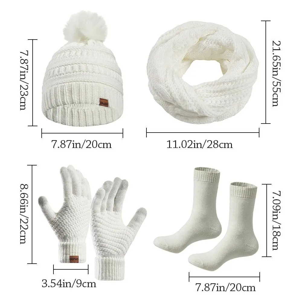 4 قطعة/المجموعة شتاء دافئ النساء القبعات وشاح قفازات الجوارب مجموعة لينة يندبروف شتاء دافئ القفاز سدادات حماية الأذن قبعة قبعة وشاح في الهواء الطلق
