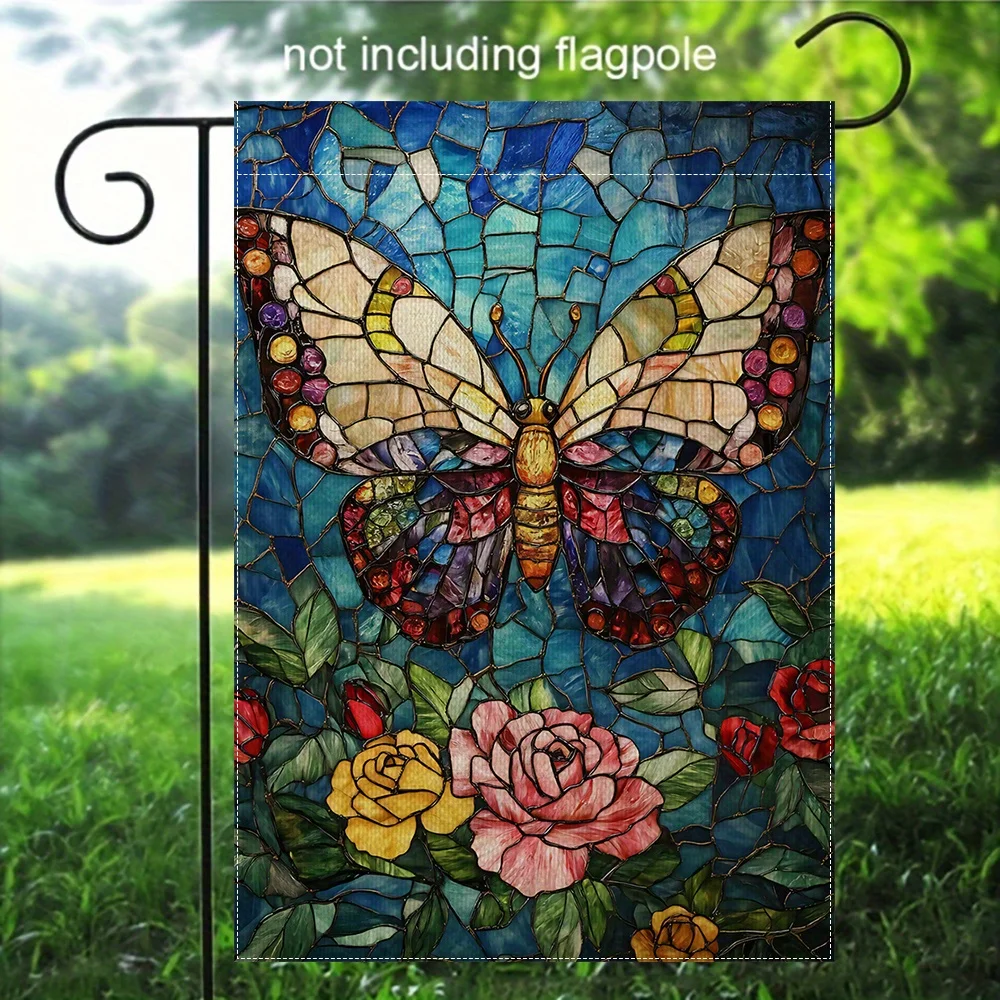 Vibrant Stained Glass Style Butterfly & Floral Garden Flag - Double-Sided 12x18in Polyester Yard Decor for Spring & Summer, No F