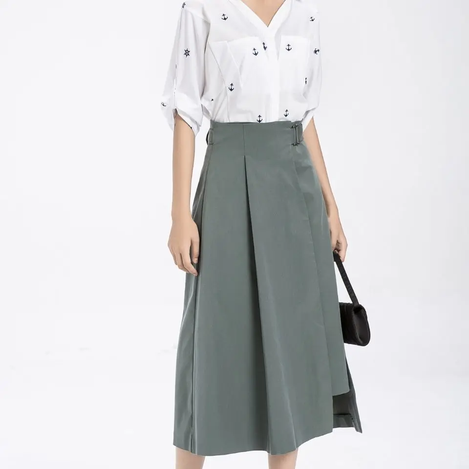 

Spring New Design Asymmetrical High Waist Midi Skirt Women Solid Color A Line Skirt