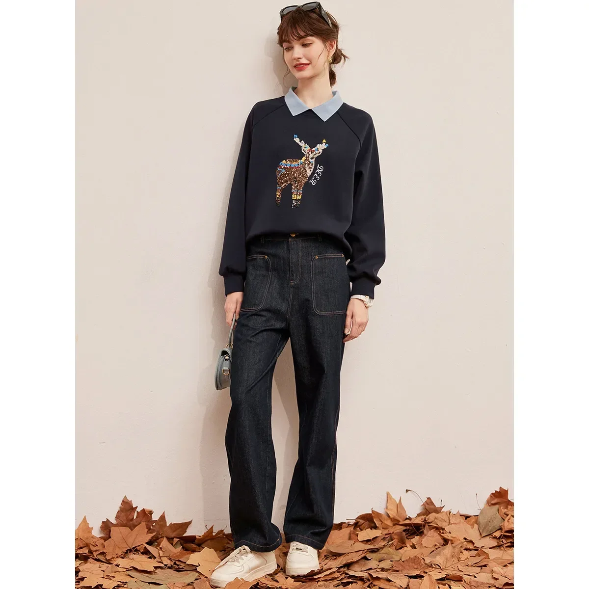 LOUIS YAO 2024 Fashion Craft Sequin Embroidery Long Sleeved Women's Hoodie Design Sense Contrasting Color Splicing Lapel Hoodie