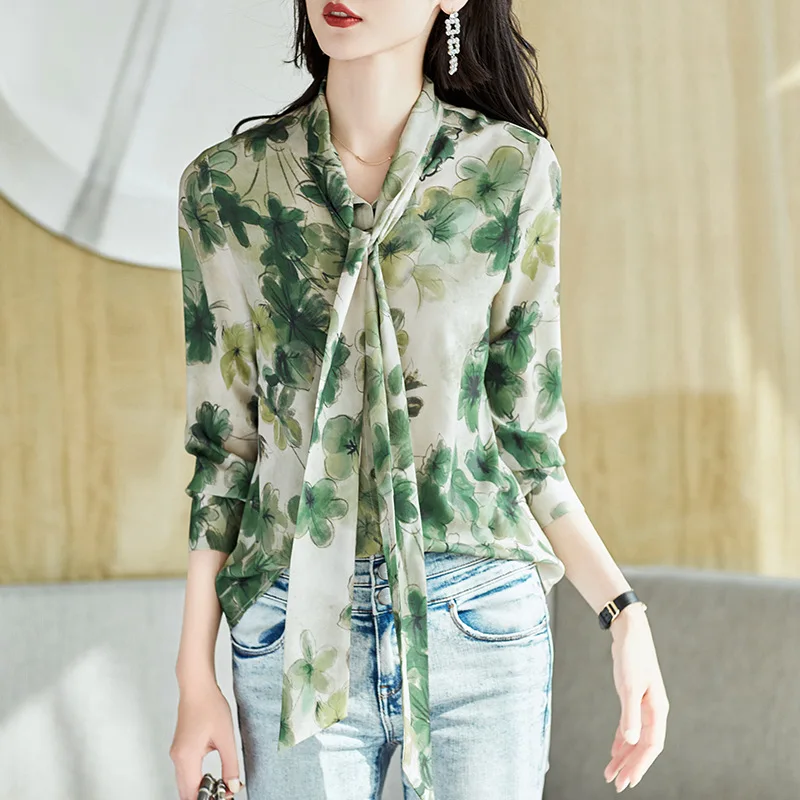 

2023 Spring Chiffon Shirts Women Long-sleeved Loose Blouses Printed OfficeLadies Tops Chic Elegant Button Up Bow Tie Bow-knot