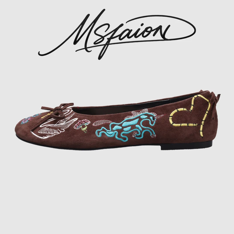 

Women's Ballet Flats 2026 Spring New Arrival Suede Leather Flat Shoes Slip On Loafers Embroidered Floral Comfort Soft Ladies G12