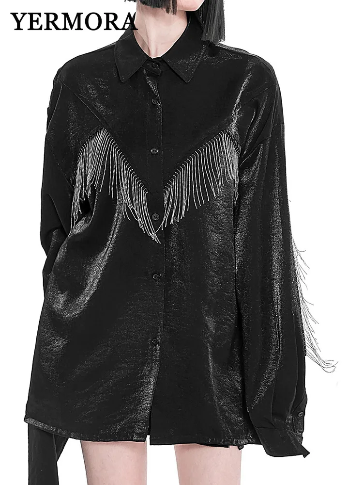 

YERMORA Black Metal Tassel Button Casual Blouse For Women Lapel Long Sleeve Loose New Shirt Fshaion Tide Spring Autumn 2025