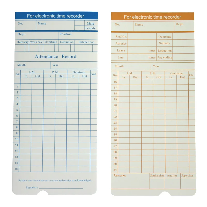 Xindabill 100/200/500pcs Time Cards Double-Sided Monthly Employee Attendance Time Clock Recorder