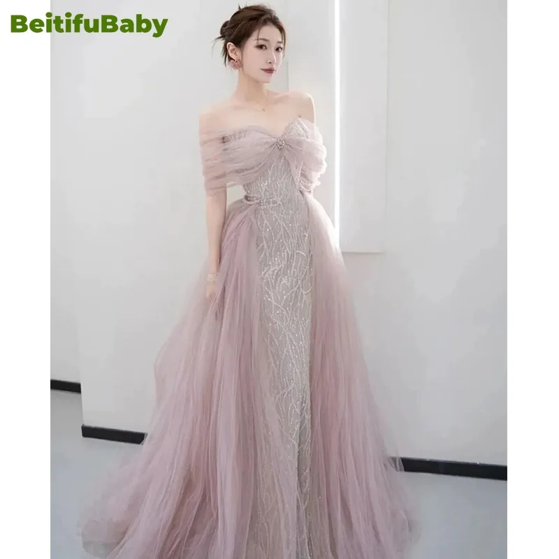 BeitifuBaby Vintage Women's Wedding Party Dresses Off-shoulder Detachable Lace Skirt Swing Dubai Elegant Evening Dress Vestidos