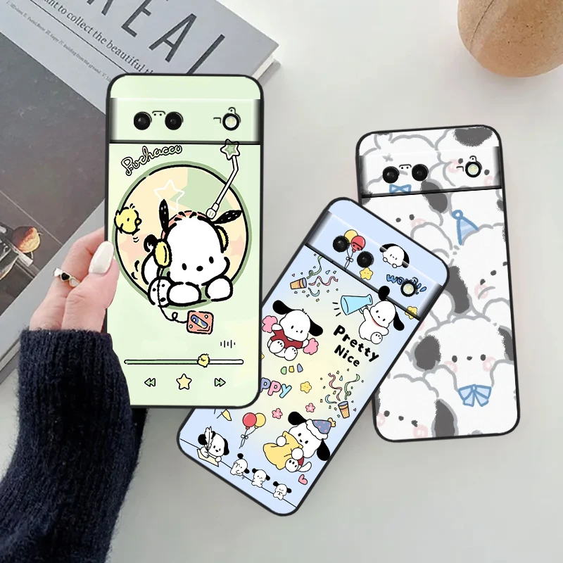 Pacha Dog Sanrio Cartoon Cute For Google Pixel 8 7A 7 6A 6 5A 5 4 4A XL 5G Black Silicon Shockproof Shell Soft Phone Case