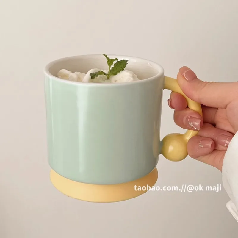 

Color Block Ceramic Mug with Silicone Base, Aesthetic Minimalist Unique Couple Coffee Cups for Home Office Oatmeal Dessert Bowl