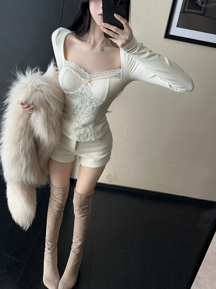 

Pure Desire Spicy Girl Lace Patchwork Square Collar Fleece Lined Inner Wear Base Shirt Top Woolen Versatile Short Pants Fashi...