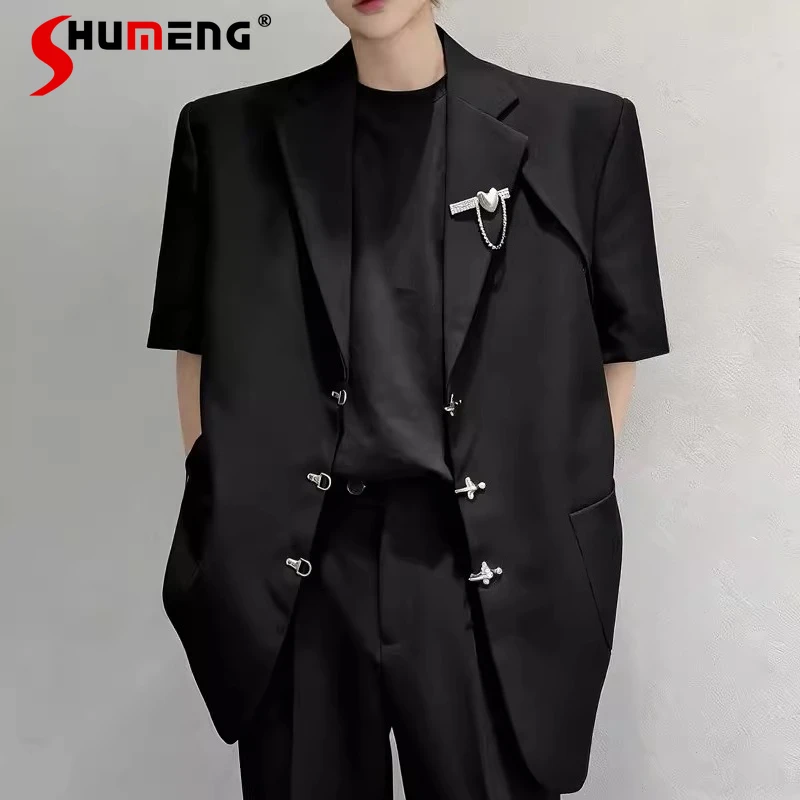 

Men's 2026 Summer Light Luxury High-end Short-sleeve Blazers Men's Metal Decoration Shoulder Pads Handsome Aircraft Buckle Tops