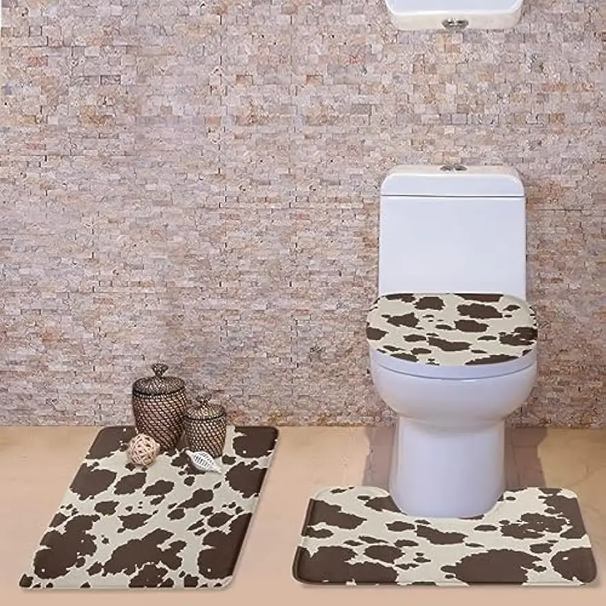 Brown Cow Bathroom Sets with Non-Slip Rug 3 Pieces Toilet Lid Cover and Bath Mat U-Shaped Bathroom Carpet Bath Mat Toilet Rugs