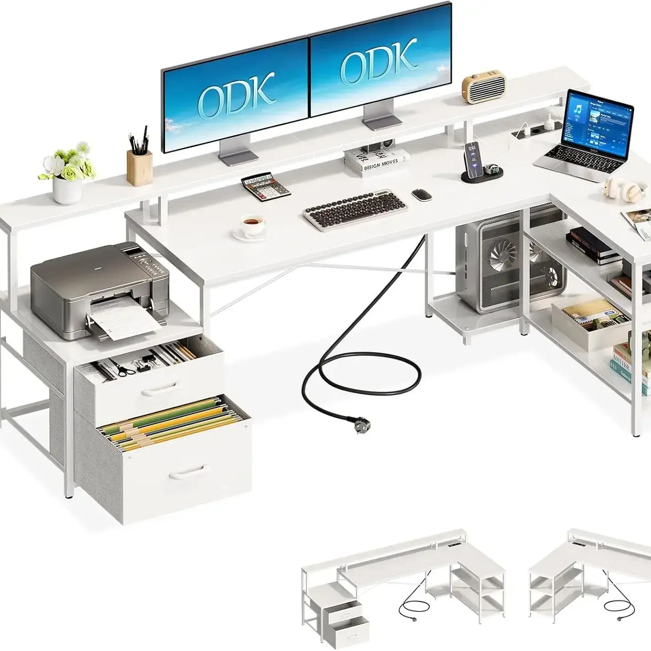 Coleshome bureau met laden, 189,3×100cm omkeerbaar hoekbureau groot met 2 stopcontacten en USB-oplaadpoort, wit - afbeelding 2