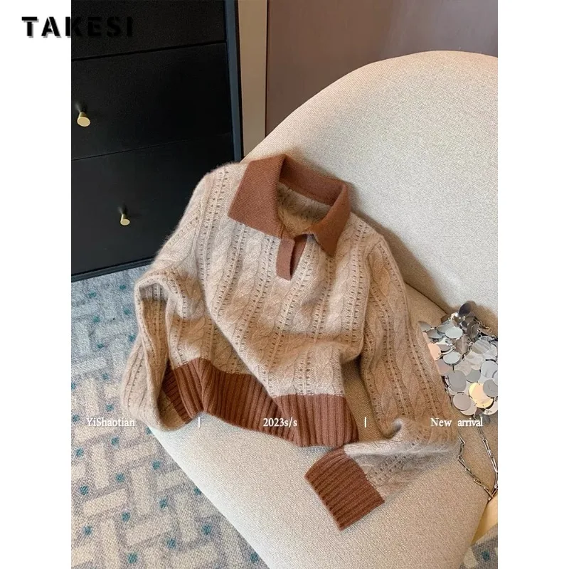 Women\'s Vintage Knitting Long Sleeve Casual Pullovers 2023 Winter Turn Down Collar Jumpers Patchwork Loose Retro Sweater Top