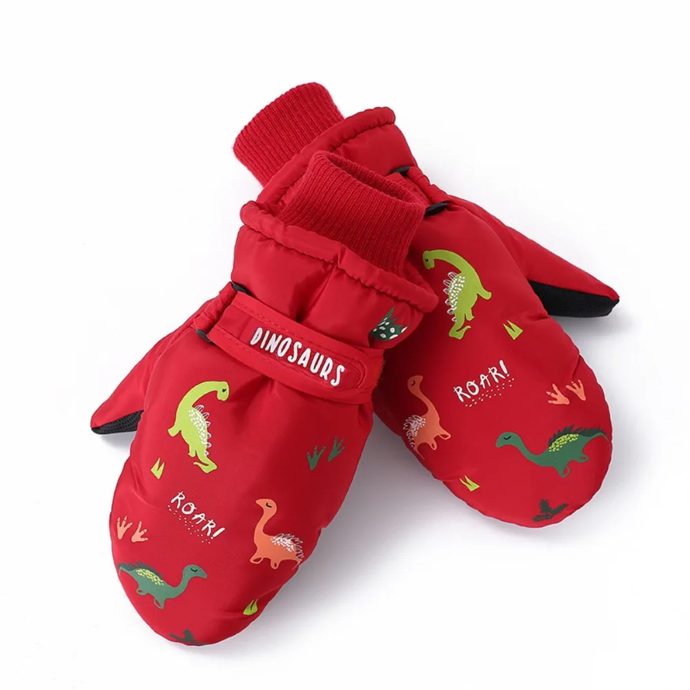 

Лыжные перчатки с изображением динозавра, водонепроницаемые термонежные перчатки с подкладкой, утолщенные противоскользящие перчатки для пальцев для мальчиков и девочек, дети