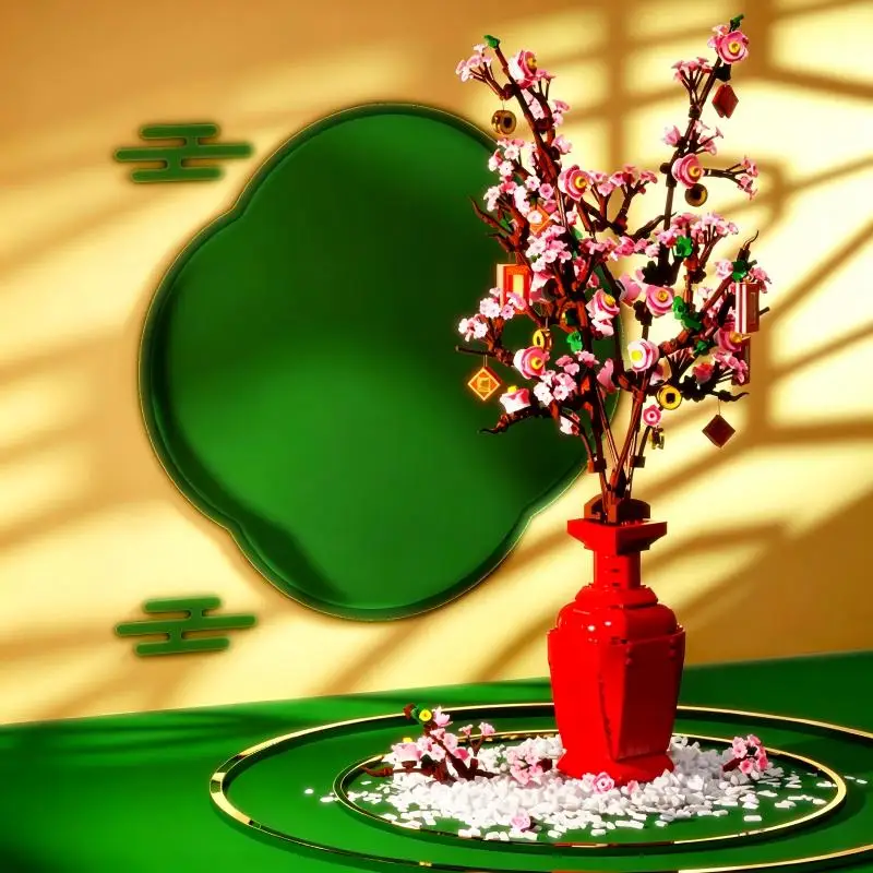 Peach Blossom Building Bricks, Festive Pendant Details, DIY Assembly, Tabletop Display, Great Gift For Holiday Celebrations.