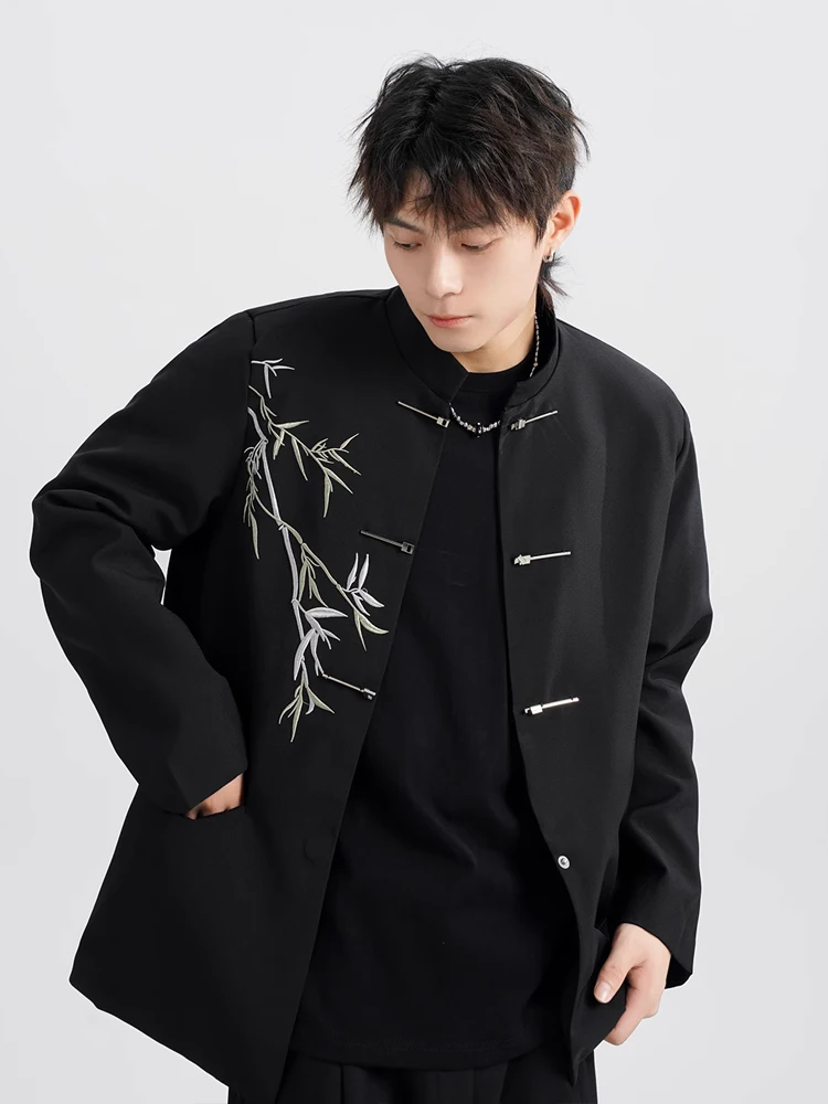 

New Chinese Sle Men's Loose Fit Tailored Coat Embroidered Bamboo Casual Comfortable Long Sve Jaet for Daily Wear
