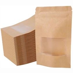 50/100/200Pcs Resealable Mini Kraft Paper Bags with Lock Seal Zipper Transparent Window, Stand Up Food Coffee Beans Storage Bags