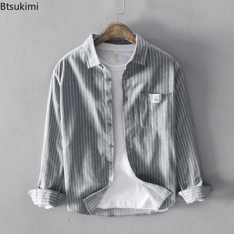 Classic Striped Versatile Casual Long Sleeve Shirts Spring Men's Single Breasted Loose Cardigan Cozy 100% Cotton Shirt Coat Male