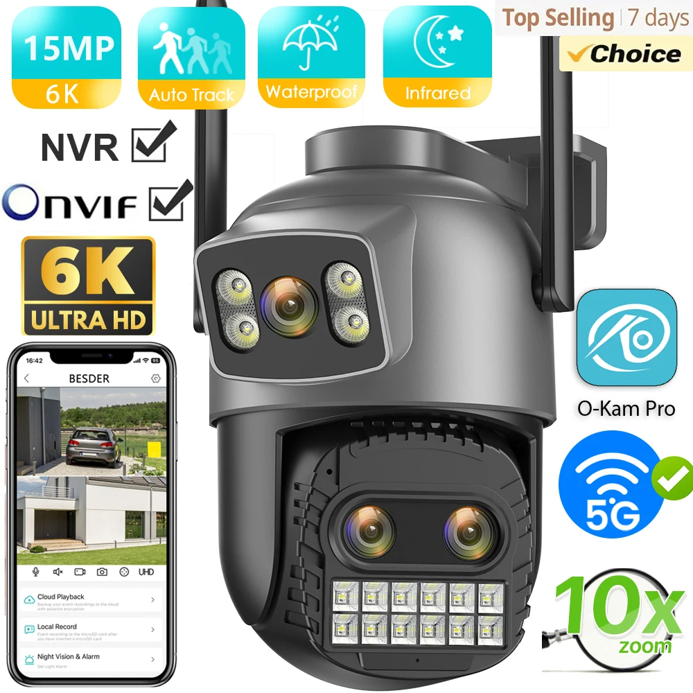 BESDER 6K 15MP IP Camera Security Protection Outdoor IR 100M WiFi Camera 10X Zoom Dual Screen PTZ Cam Auto Tracking Surveillance