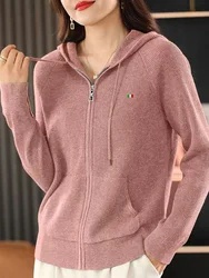 Maglione di lana da donna giacca Cardigan primaverile a maniche lunghe lavorato a maglia sciolto top coreano maglione di Cashmere con cappuccio con cerniera per il tempo libero femminile