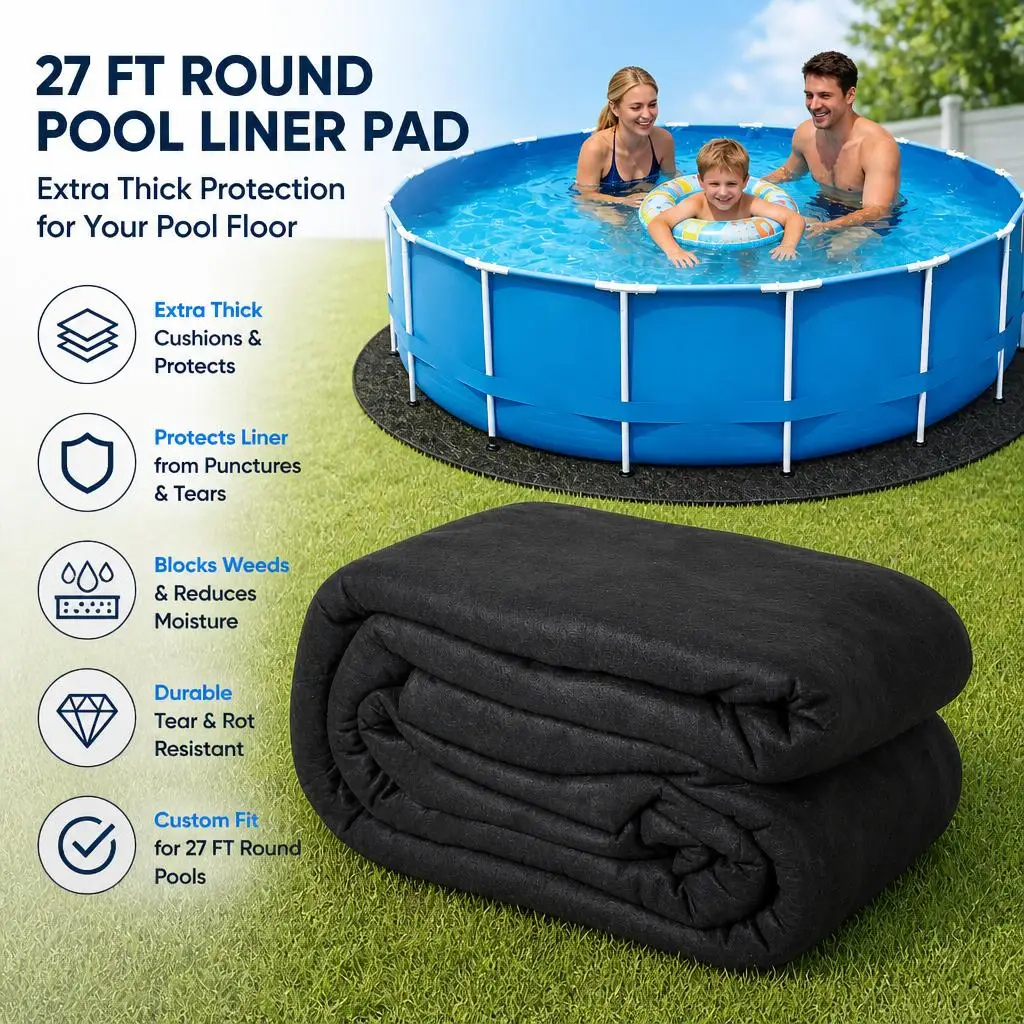 27 FT Round Pool Liner Pad Heavy Duty Non-Woven Geotextile Ground Mat Above Ground Swimming Pool Liner Protection Pad Prevents Punctures Weed Barrier Pool Floor Protector Ground Cloth for Outdoor Garden Backyard Summer Pool Setup