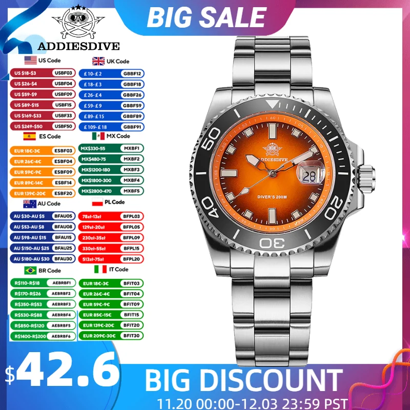 

ADDIESDIVE кварцевые часы мужские керамический безель 41 мм градиент оранжевый циферблат AR стекло с покрытием светящиеся водонепроницаемые часы для дайвинга 200 м новые