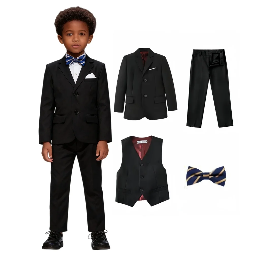 

Черный костюм из четырех предметов для мальчиков, однобортный костюм, куртка, брюки, ветеринарный костюм с галстуком-бабочкой для причастия в школу, праздничные костюмы, смокинг
