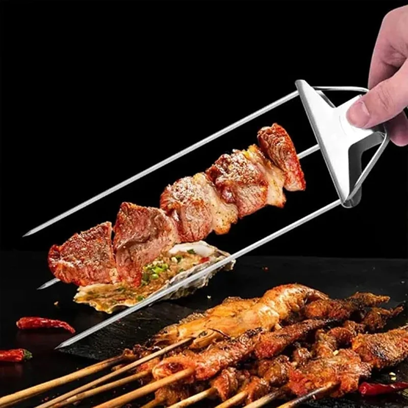 Semi Automatic Barbecue Forks Three Fork Kebab Grill Forks Stainless Steel 3 Way Barbecue Skewers Meat Grill Fork Metal Bbq