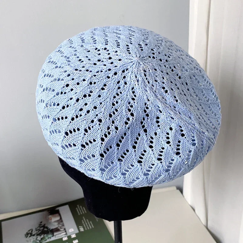 Sombreros de boina de verano para mujer, Gorro plano de punto, Boina hueca, sombrero de pintor francés, gorra para el sol