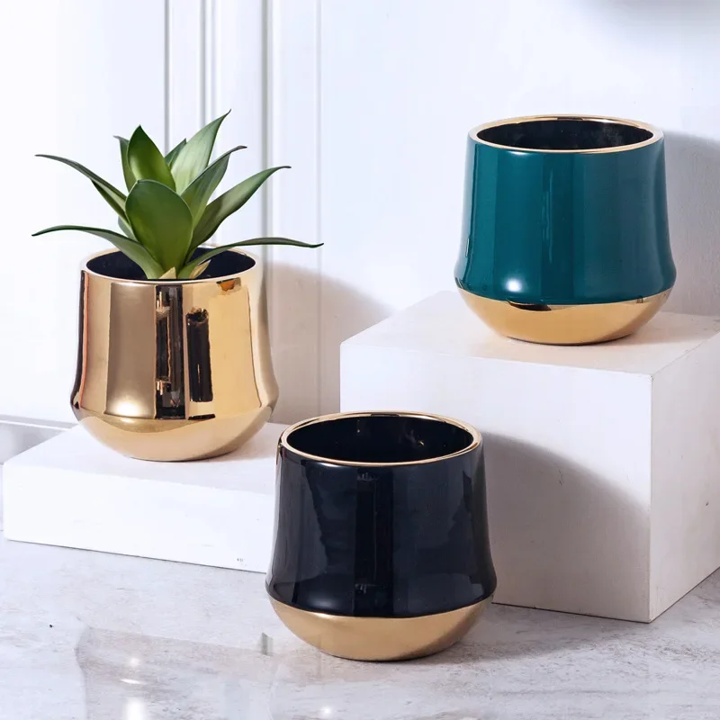 European Golden Ceramic Flower Pot Flower Arrangement Vase Container Gold Border Succulent Plant Flower Pot Home Decoration New