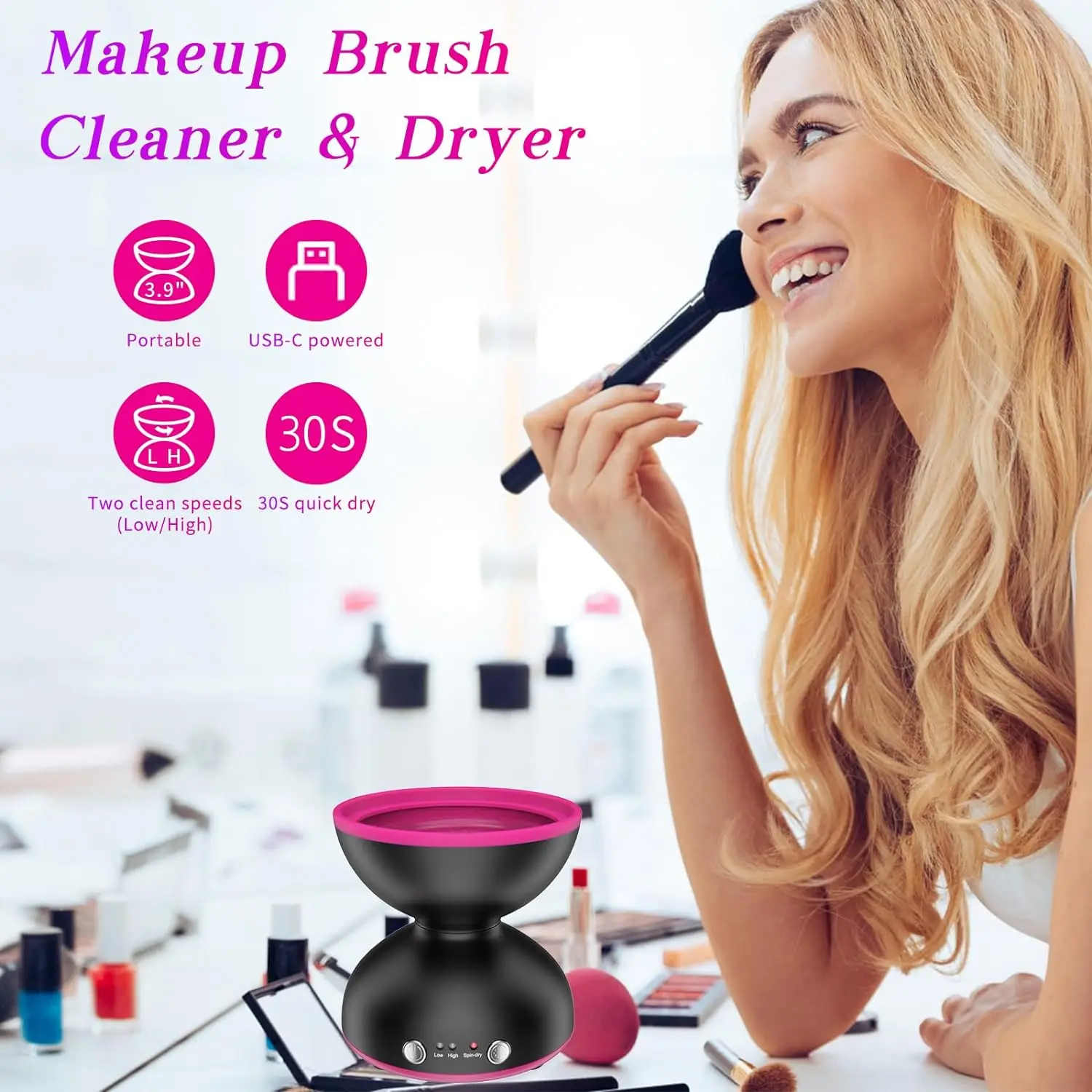 ATAWOL Makeup Brush Cleaner Machine, Two Gears Speed and Dehydration Function，Travel Portable Automatic