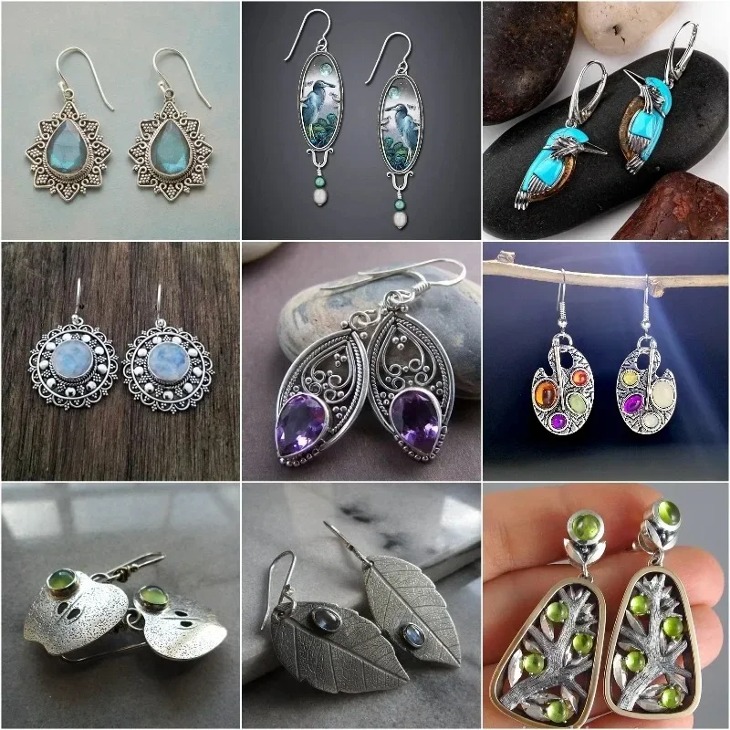 

New Vintage Moonstone Earrings Retro Silver Color Flower Birds Moon Stone Hook Dangle Earring For Women Trendy Jewelry
