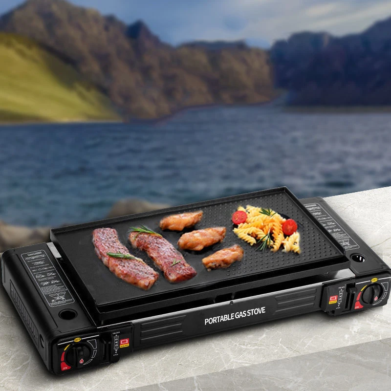 C009 Venta al por mayor de cocina, estufa de gas portátil para acampar al aire libre, 2 quemadores