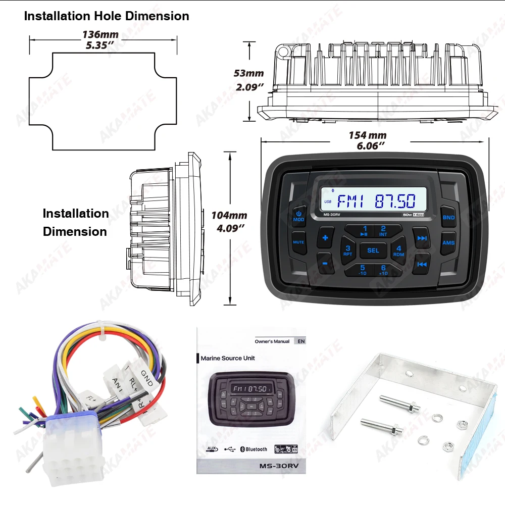 For RV MP3 Radio Stereo Bluetooth FM AM EQ Waterproof IPX5 AUX Media Universal Player for ATV UTV  Marine Radio Max. Power 200W