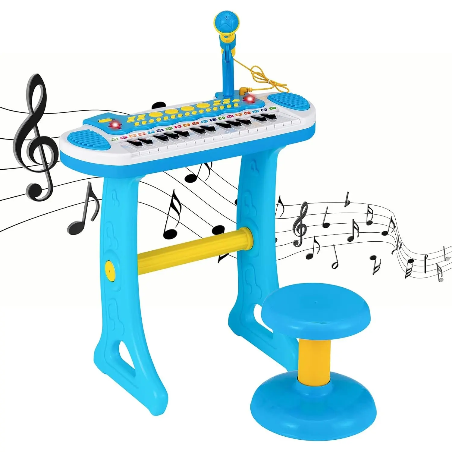 Kindertastatur mit 31-Tasten, tragbares Musikinstrument mit mehreren Geräuschen und Lichteffekten, verstellbarem Mikrofon und Hocker