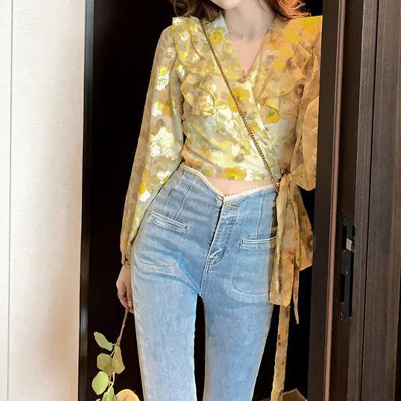 2024 New Summer Elegant Fashion Bohemian Loose Casual Office Lady Women\'s Shirt Chiffon Flower V Neck Long Sleeve Y2K Chic Tops