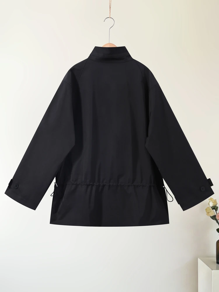 Stehkragen Langarm Oversize-Jacken für Damen Streetwear Große Taschen Kordelzug Taillenschnürung Schlanke Mäntel Frühling Damen-Oberbekleidung – Detail 4