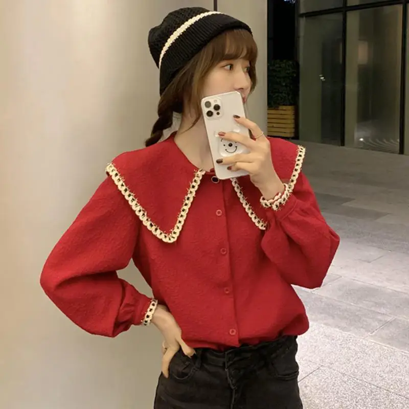 Shirts Women Lovely Vintage Prevalent Design Long Sleeve All-match Peter Pan Collar Autumn Elegant Stylish Tender Korean Style