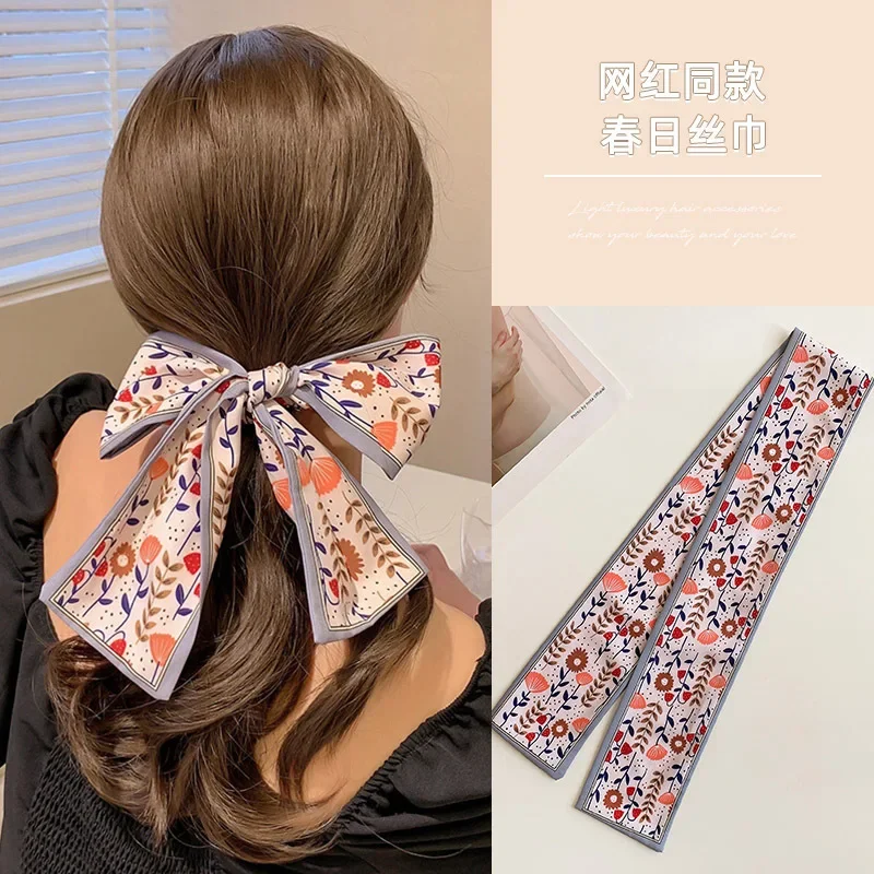 Fashion Printing Silk Long Ribbon Hair Scarf for Women Headscarf Bow Ponytail Ties Headwear