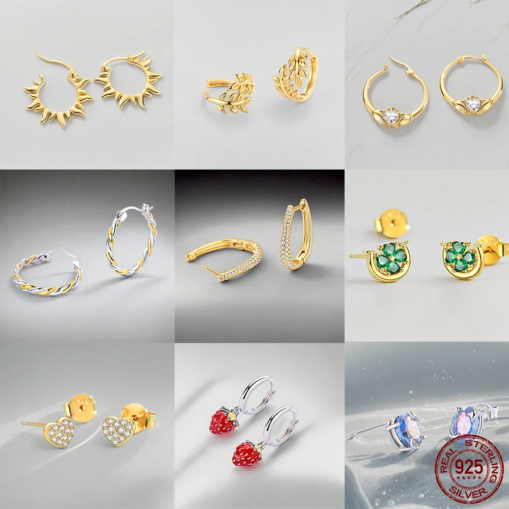 

925 Sterling Silver Golden Heart Shape Four-Leaf Clover Zircon Exquisite Earrings Suitable For Girls' Charming Jewelry Gifts