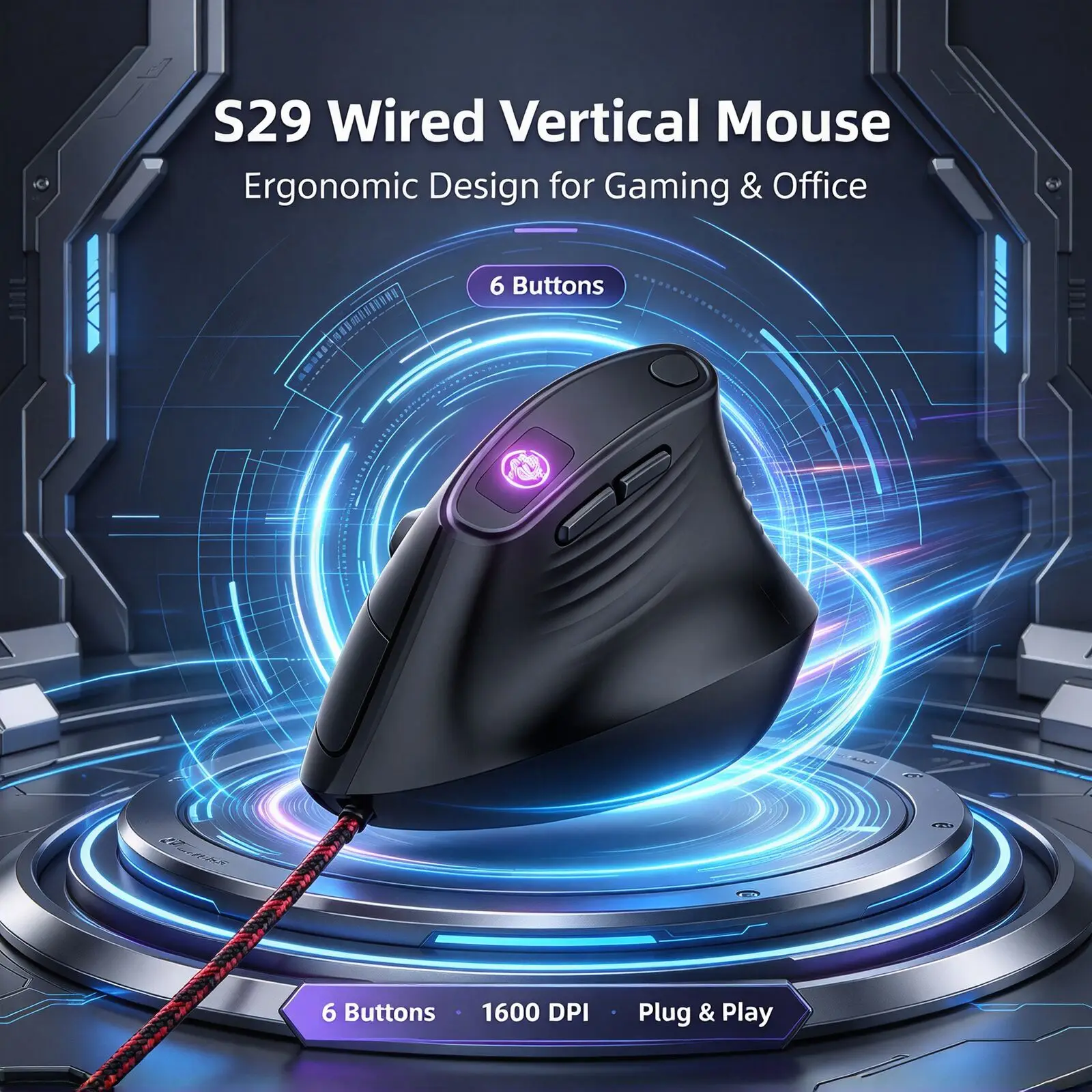 Wired Vertical Ergonomic Mouse 6 Programmable Buttons 7200DPI Optical Sensor 1.5M USB Cable Gaming Office Mice for Windows Mac