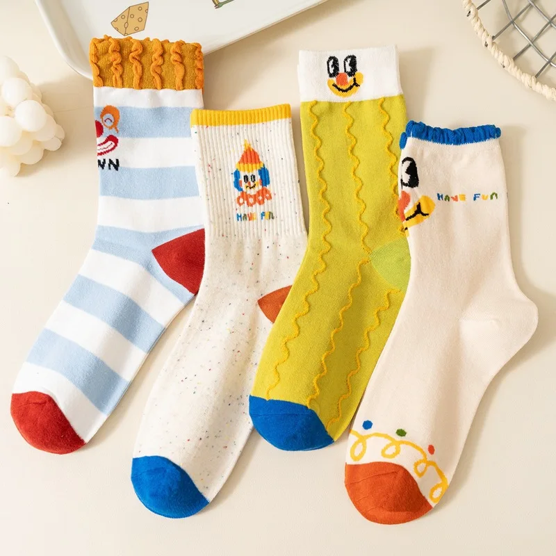 

1/4 Pairs Spring Funny and Cute Cartoon Clown Smiling Face Mid Tube Socks Fashion Anime Personality Niche Design Couple Socks