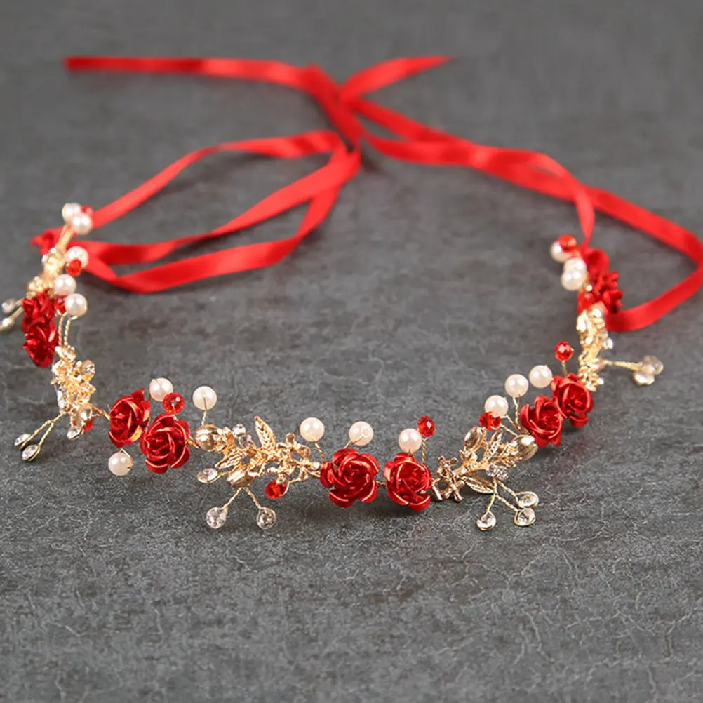 

Красная повязка на голову с жемчугом и стразами в виде цветов, свадебные аксессуары для волос, головной убор для невест, для выпускного вечера, цветочная повязка на голову