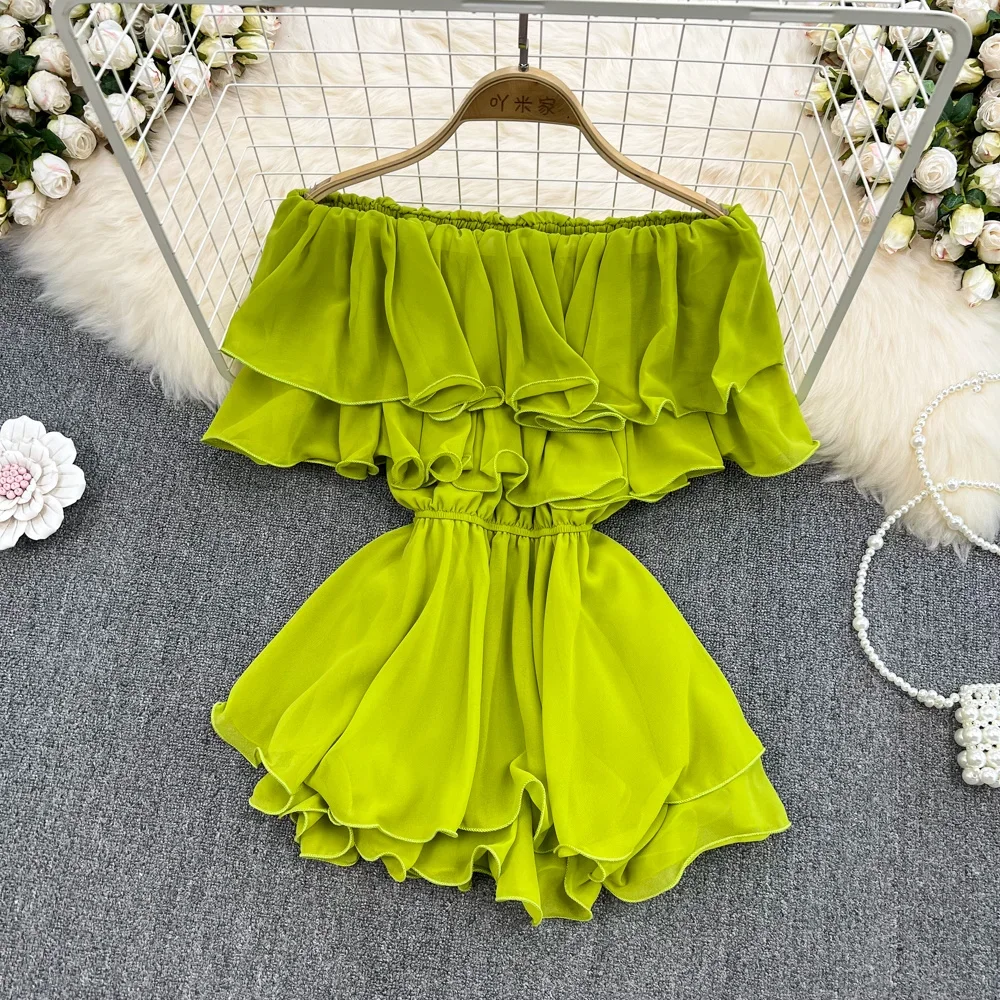 Jumpsuits Top Girls Slash Neck Off-shoulder Chiffon Shirt Women 2024 Summer New Sweet Spicy Super Fairy Ruffle Waist Short Top