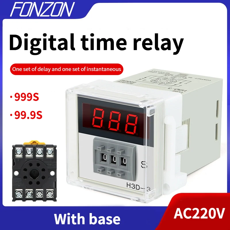 Digital Industrial Programmable Timer Delay Relay Switch DIN Rail AC220V 0.01S-999S w/Socket Base 48x48mm H3D Automation Control