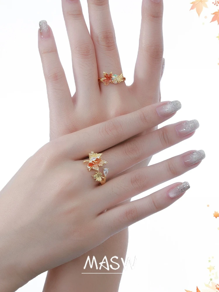 MASW Original Design Luxury Temperament Crystal Maple Leaf Rings For Women Party Gifts 2026 Trend New Accessories Jewelry